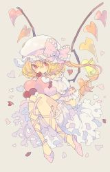 Rule 34 | 1girl, absurdres, alternate costume, bare shoulders, blonde hair, blush, bow, commentary, covered mouth, crystal, flandre scarlet, frills, hair between eyes, hat, hat bow, heart, heart-shaped pupils, highres, jewelry, looking to the side, mob cap, multicolored wings, nikorashi-ka, off-shoulder shirt, off shoulder, one side up, pink bow, pink eyes, pink footwear, puffy short sleeves, puffy sleeves, red eyes, shirt, shoes, short hair, short sleeves, shorts, sitting, skirt, solo, symbol-only commentary, symbol-shaped pupils, t-shirt, touhou, white hat, white shirt, white shorts, white skirt, wings
