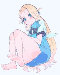 Rule 34 | 1girl, angel wings, apron, barefoot, black bow, black bowtie, blonde hair, blue apron, blue archive, blue eyes, blush, bow, bowtie, closed mouth, collared shirt, feet, highres, long hair, looking at viewer, polo shirt, shirt, short sleeves, simple background, soles, solo, sora (blue archive), toes, two side up, valentine (02140314c), white background, white shirt, white wings, wings