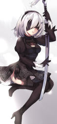Rule 34 | 1girl, black dress, black footwear, black hairband, blindfold, boots, cleavage cutout, clothing cutout, covered eyes, dress, feather-trimmed sleeves, gluteal fold, hairband, high heel boots, high heels, highleg, highleg leotard, highres, holding, holding sword, holding weapon, kinatsu ship, leotard, long sleeves, mole, mole under mouth, nier (series), nier:automata, ribbed dress, silver hair, solo, sword, thigh boots, thighhighs, thighhighs under boots, weapon, white leotard, 2b (nier:automata)
