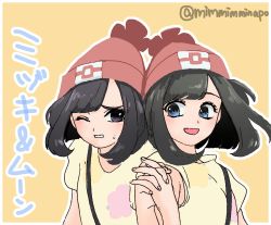 Rule 34 | 2girls, :d, ;(, bag, beanie, black eyes, black hair, blue eyes, blush, bob cut, border, breasts, character name, creatures (company), dual persona, eyelashes, fingernails, floral print, frown, game freak, handbag, hat, highres, holding hands, interlocked fingers, looking at another, looking to the side, minapo, multiple girls, nintendo, one eye closed, open mouth, orange background, poke ball theme, pokemon, pokemon adventures, pokemon sm, red hat, selene (pokemon), shirt, short hair, short sleeves, sideboob, smile, strap, swept bangs, t-shirt, teeth, text focus, twitter username, upper body, white border, yellow shirt