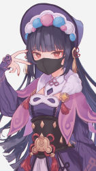 Rule 34 | 1girl, black corset, black hair, black mask, blunt bangs, bonnet, corset, fur collar, genshin impact, hand up, highres, long sleeves, looking at viewer, mask, mouth mask, multicolored clothes, multicolored headwear, nail polish, red eyes, red nails, simple background, solo, upper body, vision (genshin impact), white background, yamabuki (yamabuki xxxxx), yun jin (genshin impact)