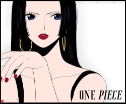 Rule 34 | 1girl, black border, black hair, blue eyes, boa hancock, border, chris re5, close-up, commentary, copyright name, earrings, eyelashes, hime cut, instagram username, jewelry, long hair, one piece, red nails, simple background, solo, twitter username
