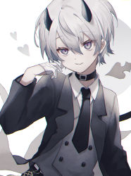 Rule 34 | 1boy, androgynous, collar, demon, demon boy, demon horns, demon tail, formal, gloves, half gloves, highres, horns, long sleeves, looking at viewer, male focus, namiki itsuki, original, pointy ears, purple eyes, silver hair, smile, solo, suit, tail, vest, white background
