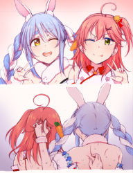 Rule 34 | 2girls, 3e, ;p, ahoge, animal ear fluff, animal ears, bare back, bare shoulders, bell, blue hair, braid, carrot, carrot hair ornament, cherry blossoms, extra ears, eyebrows, false smile, food-themed hair ornament, grabbing another&#039;s hair, green eyes, hair bell, hair between eyes, hair ornament, hairclip, hololive, long braid, long hair, multicolored hair, multiple girls, one eye closed, open mouth, pinching, pink hair, rabbit ears, rabbit girl, sakura miko, sakura miko (1st costume), scarf, shoulder blades, smile, sweat, symbol-shaped pupils, teeth, tongue, tongue out, twin braids, two-tone hair, upper teeth only, usada pekora, usada pekora (1st costume), veins, virtual youtuber, w, white hair, yellow eyes