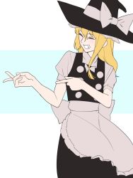 Rule 34 | 1girl, amino (tn7135), apron, aqua background, bad id, bad pixiv id, black skirt, black vest, blonde hair, blush, bow, closed eyes, grin, hair bow, hat, hat bow, kirisame marisa, laughing, long hair, long skirt, looking to the side, pointing, shirt, short sleeves, skirt, skirt set, smile, solo, teeth, touhou, turtleneck, two-tone background, vest, waist apron, white background, white shirt, witch hat