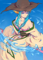 Rule 34 | 1girl, bare shoulders, blue eyes, blue hair, breasts, dress, front ponytail, hat, magi the labyrinth of magic, matching hair/eyes, shell, shell bikini, sidesaddle, smile, solo, staff, water, witch hat, y xin, yamuraiha