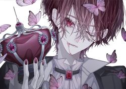 Rule 34 | 1boy, bishounen, blood, blood on face, bug, butterfly, crown, unworn crown, gem, highres, holding, holding crown, insect, male focus, one eye closed, original, red butterfly, red eyes, red gemstone, red hair, sasame 20, short hair, sideways glance, solo, upper body