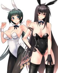 Rule 34 | 2girls, animal ears, arm strap, bare shoulders, black bow, black bowtie, black hair, black hairband, black leotard, black pantyhose, black sleeves, black thighhighs, blue eyes, blue ribbon, blunt bangs, blush, bow, bowtie, breasts, cleavage, closed mouth, commentary request, crossed bangs, dated, detached collar, fake animal ears, feet out of frame, hair between eyes, hairband, hand on own hip, highres, kawakami momoyo, large breasts, leotard, long hair, looking at viewer, low twintails, maji de watashi ni koi shinasai!, mayuzumi yukie, multiple girls, neck ribbon, pantyhose, playboy bunny, rabbit ears, rabbit tail, red eyes, ribbon, signature, simple background, smile, standing, strapless, strapless leotard, tail, thighhighs, twintails, twitter username, very long hair, white background, white leotard, white ribbon, wrist cuffs, yoo tenchi