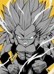 Rule 34 | 1boy, abs, absurdres, clenched hands, commentary, dragon ball, dragonball z, electricity, gotenks, green eyes, greyscale, grin, highres, liedein, long hair, male focus, metamoran vest, monochrome, muscular, muscular male, no eyebrows, signature, smile, solo, spot color, super saiyan, super saiyan 3, upper body, widow&#039;s peak, yellow background