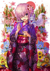 Rule 34 | 1girl, :d, ahoge, alternate costume, arrow (projectile), bamboo, bell, berry, black-framed eyewear, blush, capelet, character doll, cowboy shot, creature, creature on shoulder, fate/grand order, fate (series), floral print, flower, flower request, fou (fate), fujimaru ritsuka (male), glasses, hair flower, hair ornament, hair over one eye, hamaya, highres, holding, holding arrow, japanese clothes, jingle bell, kimono, long sleeves, looking at viewer, mash kyrielight, mash kyrielight (grand new year), nengajou, new year, npcpepper, obi, official alternate costume, on shoulder, open mouth, pink hair, pink ribbon, purple eyes, ribbon, round teeth, sash, short hair, smile, standing, sunflower, tassel, teeth, wide sleeves, yukata