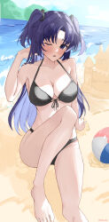 Rule 34 | 1girl, ball, bare legs, bare shoulders, barefoot, beach, beachball, bikini, black bikini, blue archive, blush, breasts, cleavage, cloud, collarbone, day, hair between eyes, halterneck, highres, large breasts, long hair, looking at viewer, navel, ocean, one eye closed, open mouth, outdoors, purple eyes, purple hair, ribbon, sakasa. (sakasailst), sand, sand castle, sand sculpture, sitting, sky, solo, string bikini, swimsuit, thighs, twintails, two side up, water, yuuka (blue archive)