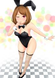 Rule 34 | 1girl, absurdres, animal ears, bare shoulders, black footwear, black leotard, blush, breasts, brown hair, checkered floor, cleavage, closed mouth, covered navel, detached collar, fake animal ears, fishnet thighhighs, fishnets, full body, hand on own chin, hand up, high heels, highres, hip focus, leotard, light smile, looking at viewer, medium breasts, one eye closed, original, playboy bunny, purple eyes, rabbit ears, shoes, short hair, smile, solo, standing, swept bangs, thighhighs, thighs, wrist cuffs, yurashima