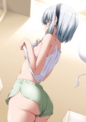 Rule 34 | 1girl, alternate costume, ass, bare arms, bare shoulders, black hairband, breasts, clothes lift, dolphin shorts, dutch angle, green shorts, gym shorts, hairband, hands up, indoors, jpeg artifacts, konpaku youmu, konpaku youmu (ghost), lifting own clothes, no bra, nori tamago, profile, shirt, shirt lift, short hair, short shorts, shorts, sideboob, silver hair, small breasts, solo, tank top, touhou, white shirt