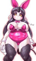 Rule 34 | 1girl, :&lt;, belly, big belly, black fur, black hair, black horns, black sclera, black tail, body fur, bottle, bow, bowtie, breasts, cleavage, closed mouth, colored sclera, colored skin, covered navel, cup, detached collar, drinking glass, fat, futaba channel, gluteal fold, holding, holding bottle, holding cup, horns, horse tail, kakutan (nijiura maids), kuma (kumahoihoi), large breasts, legs apart, leotard, long hair, looking at viewer, nijiura maids, pink bow, pink bowtie, pink leotard, playboy bunny, pointy ears, shiny skin, simple background, single horn, skindentation, slit pupils, solo, standing, straight-on, strapless, strapless leotard, tail, thick thighs, thighs, white background, white skin, wine bottle, wine glass, wrist cuffs, yellow eyes