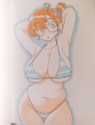 1girl arm_behind_head armpits bikini blue_eyes breasts colo_(nagrolaz) ear_piercing glasses highres large_breasts marker_(medium) navel orange_hair original piercing plump red-framed_eyewear rita_(sweethex) short_hair simple_background sweethex swimsuit thigh_gap thong traditional_media white_background