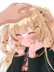 Rule 34 | 1girl, ^ ^, akai haato, akai haato (gothic lolita), black dress, blonde hair, blush, closed eyes, commentary request, dress, facing viewer, hair ornament, hairpin, head rest, headpat, heart, heart hair ornament, highres, holding, holding own hair, hololive, long hair, long sleeves, magowasabi, signature, smile, solo focus, twitter username, two side up, virtual youtuber, white background, x hair ornament