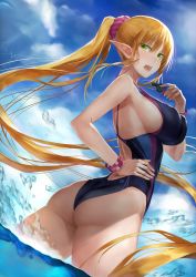 Rule 34 | 1girl, absurdly long hair, akitaka akita, ass, bare shoulders, blonde hair, blue sky, blush, breasts, cloud, competition swimsuit, day, elf, floating hair, green eyes, hair between eyes, hair ornament, hair scrunchie, hand on own hip, highres, holding, holding whistle, jewelry, large breasts, long hair, looking at viewer, looking back, one-piece swimsuit, open mouth, original, outdoors, pink scrunchie, pointy ears, ponytail, scrunchie, sidelocks, sky, solo, splashing, swimsuit, teeth, tsurime, twisted torso, upper teeth only, very long hair, wading, water, whistle, wristband