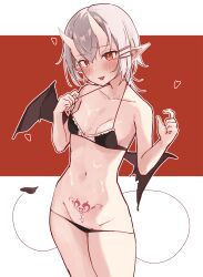 Rule 34 | 1girl, absurdres, bikini, bikini pull, black bikini, blush, breasts, cleavage, clothes pull, collarbone, cowboy shot, demon girl, demon tail, demon wings, fang, grey hair, groin, hair ornament, hairclip, hands up, heart, highres, horns, kagura-chitose (pixiv 68338191), looking at viewer, navel, open mouth, original, pointy ears, pubic tattoo, red background, red eyes, short hair, simple background, skin-covered horns, small breasts, smile, solo, swimsuit, tail, tattoo, two-tone background, white background, white hair, wings