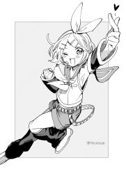 Rule 34 | 1girl, ;d, arm up, armpits, ascot, belt, blush, bow, clenched hand, detached sleeves, finger heart, greyscale, hair bow, hair ornament, hairclip, headphones, headset, highres, kagamine rin, leg lift, leg up, leg warmers, monochrome, neckerchief, one eye closed, open mouth, shirt, shorts, sleeveless, sleeveless shirt, smile, solo, soyaka, twitter username, vocaloid