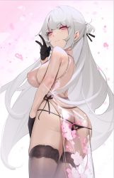 Rule 34 | 1girl, ass, ass cutout, black gloves, black panties, breasts, butt crack, china dress, chinese clothes, clothing cutout, cowboy shot, dress, eiroyi, gloves, gradient, gradient background, grey hair, hair ribbon, half gloves, heart cutout, highres, large breasts, long hair, looking at viewer, looking back, original, panties, petals, pink background, red eyes, ribbon, see-through, sideboob, smile, solo, thighhighs, underwear, v, white background