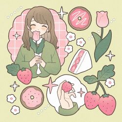 Rule 34 | 1girl, ^ ^, blush, brown hair, cake, cake slice, closed eyes, commentary, covered mouth, doughnut, facing viewer, flower, food, fruit, green background, green sweater, hashtag-only commentary, highres, holding, holding flower, holding food, holding fruit, leaf, long hair, long sleeves, nahara saki, original, own hands together, pink flower, sparkle, strawberry, sweater, symbol-only commentary, tulip, white flower, yellow background