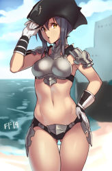Rule 34 | 10s, 1girl, armor, beach, blue hair, breasts, cloud, cloudy sky, day, final fantasy, final fantasy xiv, gloves, hand on headwear, hand on own hip, hat, houtengeki, large breasts, looking at viewer, midriff, navel, ocean, open mouth, outdoors, short hair, sky, solo, thigh gap, warrior of light (ff14), yellow eyes