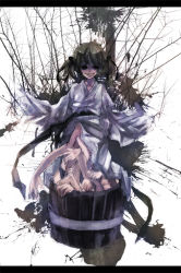 Rule 34 | 1girl, bad id, bad pixiv id, blood, bucket, creepy, female focus, green hair, grin, hair bobbles, hair ornament, horror (theme), japanese clothes, kimono, kisume, lastdark, letterboxed, smile, solo, touhou, twintails