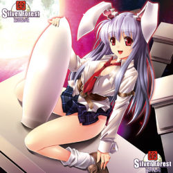 Rule 34 | 1girl, album cover, animal ears, cover, female focus, long hair, looking at viewer, lowres, moon, necktie, open mouth, purple hair, rabbit ears, rakujin, red eyes, red necktie, reisen udongein inaba, silver forest, sitting, solo, touhou, wariza