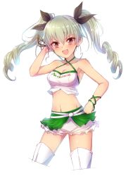 Rule 34 | 10s, 1girl, anchovy (girls und panzer), bare shoulders, blush, boots, bracelet, breasts, camisole, cleavage, criss-cross halter, cropped legs, drill hair, girls und panzer, green hair, hair ribbon, halterneck, hand on own hip, holding, holding riding crop, jewelry, kara (color), long hair, looking at viewer, looking to the side, medium breasts, midriff, miniskirt, navel, open mouth, race queen, red eyes, ribbon, riding crop, skirt, smile, solo, standing, thigh boots, thighhighs, twin drills, twintails, white background, white footwear, white thighhighs