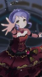 Rule 34 | 1girl, armband, back bow, black bow, blurry, blurry background, bow, braid, breasts, brooch, closed mouth, dot nose, dress, flower, frilled dress, frills, gem, highres, idolmaster, idolmaster million live!, idolmaster million live! theater days, jewelry, looking at viewer, makabe mizuki, necklace, outstretched hand, print dress, purple hair, red dress, rose, short hair, sidelocks, small breasts, solo, toro (shiro), wrist cuffs, yellow eyes