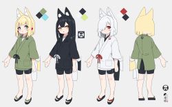 Rule 34 | 3girls, animal ears, bike shorts, black footwear, black hair, black kimono, black shorts, blonde hair, blue eyes, closed mouth, color guide, commentary request, fox ears, fox girl, fox tail, green eyes, green kimono, grey background, hair over one eye, highres, japanese clothes, kimono, kuro-chan (kuro kosyou), kuro kosyou, long sleeves, looking at viewer, multiple girls, original, parted lips, red eyes, sandals, short eyebrows, short shorts, shorts, silver hair, tail, thick eyebrows, white kimono, yui (kuro kosyou), zouri