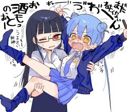 Rule 34 | 2girls, arms up, bags under eyes, black hair, blue hair, blue hoodie, blue necktie, blue skirt, blue socks, blunt bangs, blush, carrying, collared shirt, cone hair bun, crying, crying with eyes open, death merumeru, dirty, dirty clothes, double bun, drooling, drunk, flailing, glasses, grabbing another&#039;s hair, hair bun, hood, hood down, hoodie, kneehighs, long hair, long sleeves, loose socks, mouth drool, multiple girls, necktie, no shoes, nose blush, one eye closed, open clothes, open hoodie, open mouth, pleated skirt, princess carry, red eyes, semi-rimless eyewear, shinigami dot com, shirt, simple background, skirt, socks, tantrum, tears, toukyou tama, translation request, twintails, v-shaped eyebrows, vomit, white background, white shirt, yasashii naizou, yellow eyes
