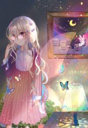 Rule 34 | 1girl, blonde hair, bug, bush, butterfly, city, colorful, commentary, crescent moon, curly hair, dark, dress, flower, frown, glasses, hand up, indoors, bug, kazu (muchuukai), lamp, light, light particles, long hair, moon, original, painting (object), petals, purple eyes, scenery, solo, surreal, translated
