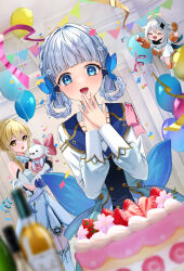 Rule 34 | 3girls, animal, ayaka (genshin impact), back bow, black gloves, blonde hair, blue bow, blue dress, blue eyes, blue hair, blunt bangs, bottle, bow, braid, butterfly hair ornament, cake, closed eyes, confetti, dress, dutch angle, elbow gloves, flower, food, fruit, genshin impact, gloves, hair flower, hair ornament, hands up, highres, holding, holding animal, indoors, kamisato ayaka, kamisato ayaka (springbloom missive), light blue hair, long hair, long sleeves, lumine (genshin impact), multiple girls, official alternate costume, official alternate hairstyle, open mouth, own hands together, paimon (genshin impact), partially fingerless gloves, party popper, puffy long sleeves, puffy sleeves, scarf, shiroichigo, smile, strawberry, thighhighs, twin braids, white dress, white hair, white scarf, white thighhighs, yellow eyes, zettai ryouiki