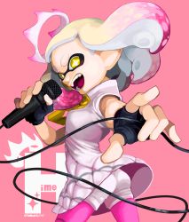 Rule 34 | + +, 1girl, :d, artist name, black gloves, blonde hair, character name, dress, fingerless gloves, floating hair, gloves, gradient hair, highres, holding, holding microphone, inkling, medium hair, microphone, mole, mole under mouth, multicolored hair, nintendo, open mouth, otoboke-san, pantyhose, pearl (splatoon), pink background, pink hair, pink pantyhose, platinum blonde hair, pointy ears, shorts, shorts under dress, sleeveless, sleeveless dress, smile, solo, splatoon (series), splatoon 2, suction cups, symbol-shaped pupils, teeth, tentacle hair, two-tone hair, white dress, white shorts, yellow eyes