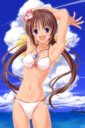 Rule 34 | 1girl, :d, armpits, arms up, bikini, bikini tan, blue eyes, blush, bow, breasts, brown hair, cleavage, cloud, day, flower, front-tie top, hair bow, hair flower, hair ornament, hibiscus, jewelry, long hair, looking at viewer, medium breasts, navel, necklace, ocean, open mouth, outdoors, palm tree, pendant, ribs, side-tie bikini bottom, signature, sky, smile, solo, standing, swimsuit, tan, tanline, tree, twintails, very long hair, water, white bikini