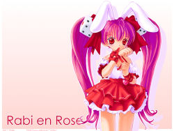 Rule 34 | 1girl, animal ears, bare shoulders, rabbit ears, character name, di gi charat, dice, long hair, mouth hold, pink background, pink hair, pink theme, red eyes, red skirt, ribbon, ribbon in mouth, skirt, solo, twintails, usada hikaru, wallpaper
