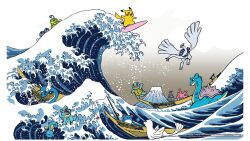 Rule 34 | boat, border, corsola, creatures (company), dewgong, dragonair, dratini, fine art parody, fishing rod, game freak, gen 1 pokemon, gen 2 pokemon, highres, horsea, kanagawa okinami ura, lapras, legendary pokemon, lugia, marill, mountain, nintendo, no humans, ocean, official art, outdoors, parody, pikachu, pokemon, pokemon (creature), squirtle, surfboard, surfing, water, watercraft, watermark, waves, white border