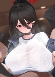 Rule 34 | 1girl, black choker, black hair, black wings, blue archive, blush, breasts, choker, gym uniform, hair between eyes, halo, hasumi (blue archive), hasumi (track) (blue archive), highres, huge breasts, jacket, long hair, looking at viewer, mole, mole under eye, official alternate costume, ponytail, red eyes, shirt, steam, sweat, white shirt, wings, xiujia yihuizi