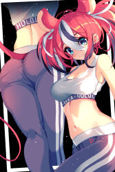 Rule 34 | 1girl, absurdres, animal ears, ass, blue eyes, breasts, cleavage, crop top, earrings, hakos baelz, highres, hololive, hololive dance practice uniform, hololive english, jewelry, looking at viewer, medium breasts, mouse ears, mouse girl, mouse tail, multicolored hair, multiple views, pants, piercing, red hair, smile, stomach, streaked hair, tail, tank top, the0neulost, twintails, virtual youtuber, white tank top, yoga pants