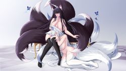 Rule 34 | 2girls, absurdres, ahoge, animal ear fluff, animal ears, azur lane, black hair, black thighhighs, blue butterfly, blue eyes, breasts, bug, butterfly, cleavage, convenient censoring, eyebrows hidden by hair, finger to mouth, fox ears, fox tail, highres, huge breasts, insect, kitsune, large breasts, multiple girls, multiple tails, musashi (azur lane), navel, nude, saiskh, shinano (azur lane), shushing, stomach, tail, thighhighs, thighs, white hair, white thighhighs, yellow eyes