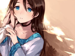 Rule 34 | 1girl, aqua eyes, blue eyes, brown hair, hand on another&#039;s cheek, hand on another&#039;s face, long hair, looking at another, original, solo focus, tan (tangent)