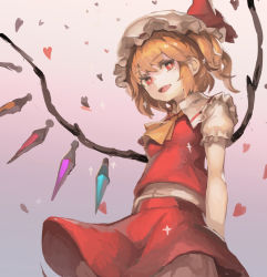 Rule 34 | 1girl, :d, absurdres, arms behind back, ascot, blonde hair, bloomers, breasts, bright pupils, commentary request, crystal, fang, flandre scarlet, frilled shirt collar, frills, from below, gradient background, grey background, hat, hat ribbon, highres, looking at viewer, mob cap, one side up, open mouth, organ derwald, petals, puffy short sleeves, puffy sleeves, red eyes, red ribbon, red skirt, red vest, ribbon, short sleeves, simple background, skirt, skirt set, small breasts, smile, solo, touhou, underwear, vest, white hat, wings, yellow ascot