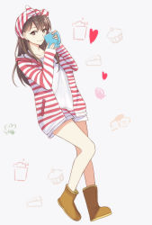 Rule 34 | 1girl, bad id, bad pixiv id, brown eyes, brown hair, cup, eris.y (7hai), head scarf, heart, hood, hoodie, mug, pile (voice actor), real life, shorts, simple background, smile, solo, striped clothes, striped hoodie, voice actor