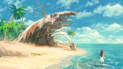 Rule 34 | 1girl, beach, brown hair, cloud, day, dress, from behind, long hair, ocean, original, outdoors, palm tree, scenery, shipwreck, signature, skull and crossbones, solo, standing, sundress, tree, tropical, wading, water, white dress, you (shimizu)