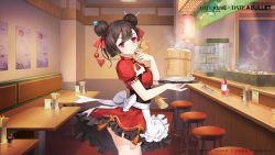 Rule 34 | 1girl, apron, brown hair, chair, closed mouth, cup, date a live: date a bullet, date a live: spirit pledge, dress, drink, finger to mouth, food, highres, holding, holding plate, indoors, looking at viewer, plate, red dress, red eyes, solo, table, tsuan (date a live), white apron