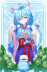 Rule 34 | 1girl, absurdres, ahoge, animal ears, bell, blouse, blue hair, blue hakama, blue kimono, cat ears, cat girl, cat tail, cowboy shot, daifuku (yukihana lamy), ear piercing, floral print, flower, hair between eyes, hair ornament, hair over shoulder, hairclip, hakama, hakama skirt, head tilt, heart, heart ahoge, highres, hololive, japanese clothes, kabedoru, kimono, light blush, long hair, long skirt, looking at viewer, low twintails, multicolored hair, nervous smile, obi, obiage, obijime, paw pose, piercing, pleated skirt, pom pom (clothes), ribbon, rope, sash, shimenawa, shirt, skirt, smile, solo, streaked hair, tail, tail bell, tail ornament, tail ribbon, twintails, virtual youtuber, white shirt, yellow eyes, yukihana lamy, yukihana lamy (new year)