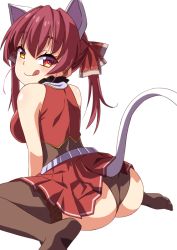 Rule 34 | 1girl, animal ears, ass, bare shoulders, breasts, cat ears, cat tail, come hither, for-somebody, from behind, hair ribbon, heterochromia, hololive, houshou marine, large breasts, leotard, long hair, looking at viewer, looking back, naughty face, orange eyes, red eyes, red hair, ribbon, shiny skin, sideboob, sitting, skirt, smile, solo, tail, thighhighs, tongue, tongue out, twintails, virtual youtuber, wariza