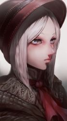 Rule 34 | 1girl, absurdres, artist name, ascot, bloodborne, bonnet, brown cloak, cloak, close-up, commentary, gradient background, grey background, grey eyes, grey hair, hat, highres, ibuo (ibukht1015), looking at viewer, plain doll, red ascot, red hat, ribbon-trimmed headwear, ribbon trim, short hair, solo