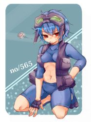 Rule 34 | 10s, 1girl, bad id, bad pixiv id, blue hair, blush, carracosta, creatures (company), fingerless gloves, game freak, gen 5 pokemon, gloves, goggles, goggles on head, nintendo, personification, pokedex number, pokemon, pokemon bw, red eyes, short hair, solo, squiggle, takamura
